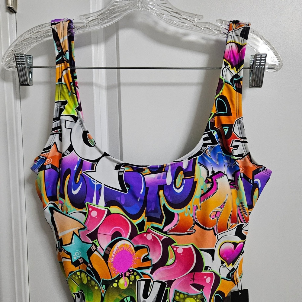 NWT Fashion Nova Swimsuit Women Lg Multicolor Not That Graffiti 1 Piece High Leg - Picture 3 of 12